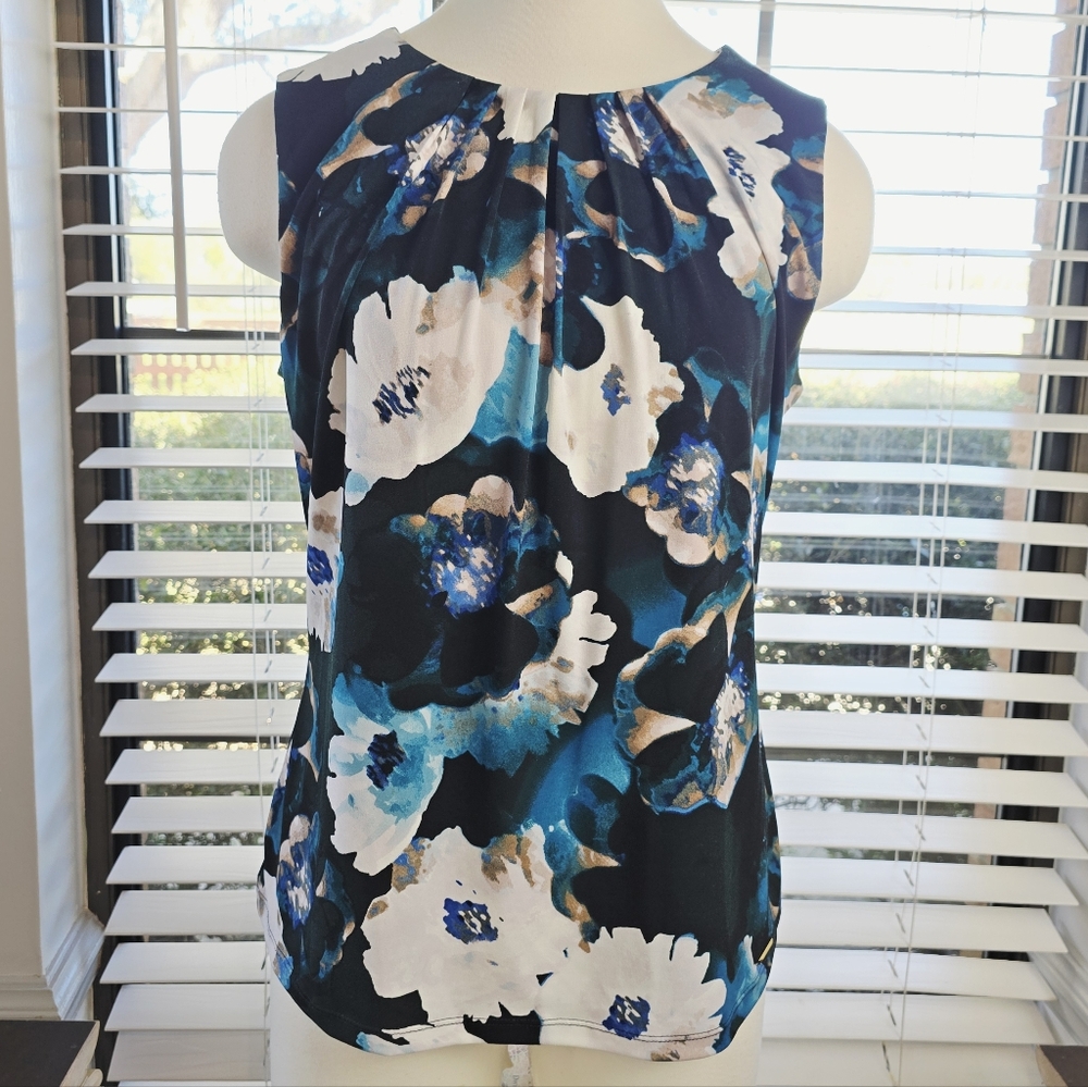 Calvin Klein Watercolor Floral Pleated Sleeveless Women's Blouse-Medium